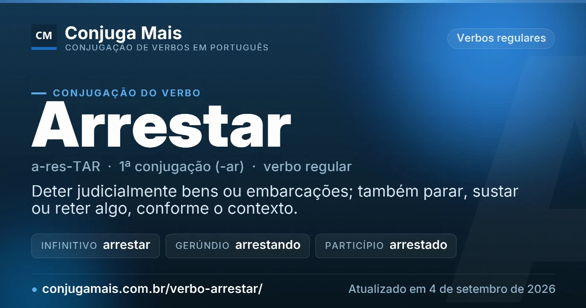 Cartão do verbo arrestar com definição, formas principais, endereço da página e data de atualização.