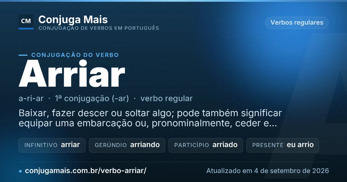 Cartão do verbo arriar com definição, formas principais, endereço da página e data de atualização.