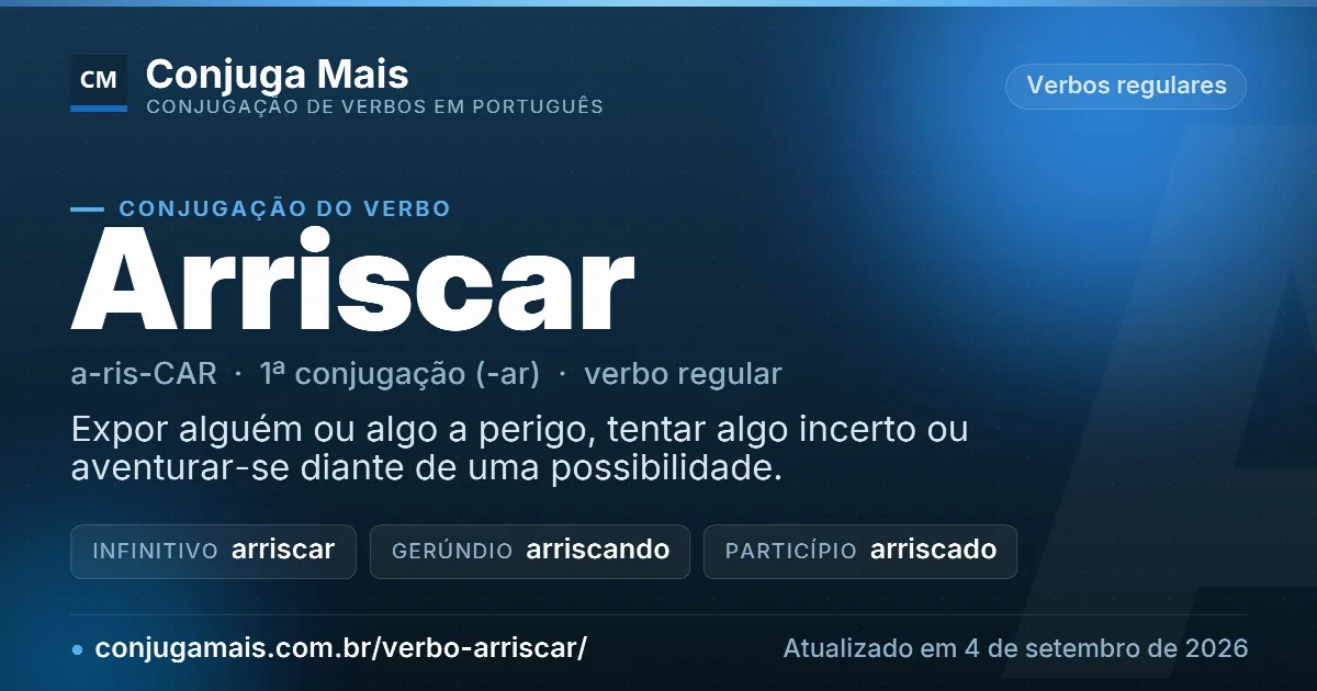 Cartão do verbo arriscar com definição, formas principais, endereço da página e data de atualização.