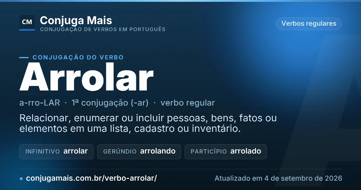 Cartão do verbo arrolar com definição, formas principais, endereço da página e data de atualização.