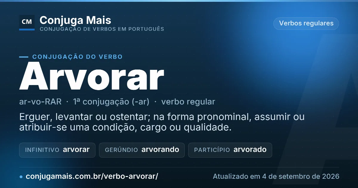 Cartão do verbo arvorar com definição, formas principais, endereço da página e data de atualização.
