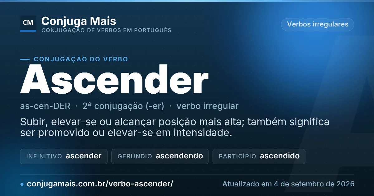 Cartão do verbo ascender com definição, formas principais, endereço da página e data de atualização.