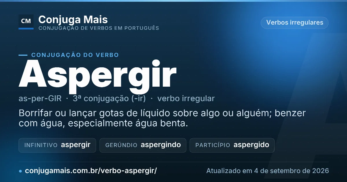 Cartão do verbo aspergir com definição, formas principais, endereço da página e data de atualização.