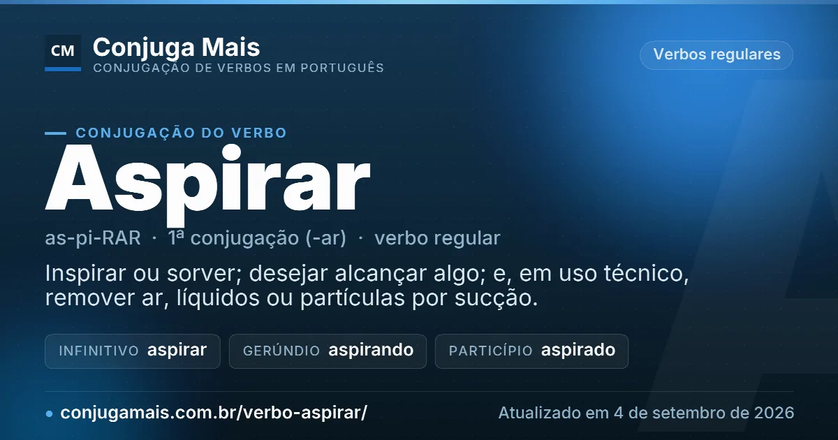Cartão do verbo aspirar com definição, formas principais, endereço da página e data de atualização.