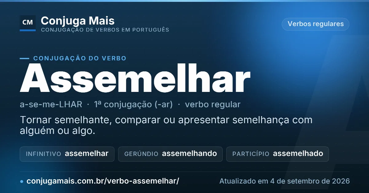 Cartão do verbo assemelhar com definição, formas principais, endereço da página e data de atualização.