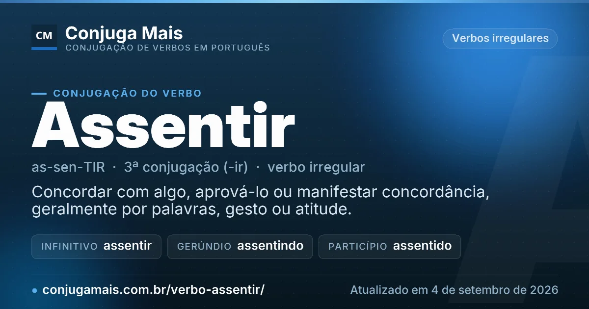 Cartão do verbo assentir com definição, formas principais, endereço da página e data de atualização.