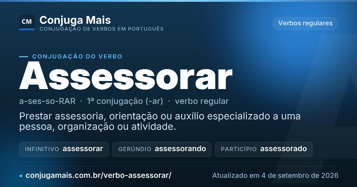 Cartão do verbo assessorar com definição, formas principais, endereço da página e data de atualização.