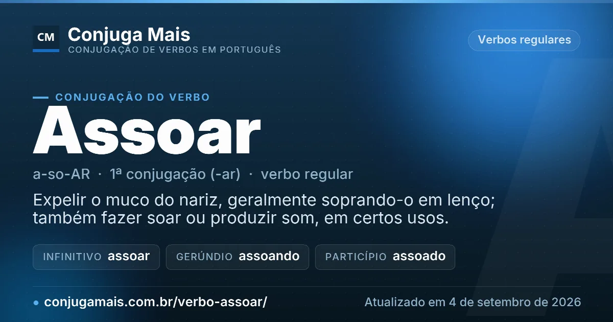 Cartão do verbo assoar com definição, formas principais, endereço da página e data de atualização.