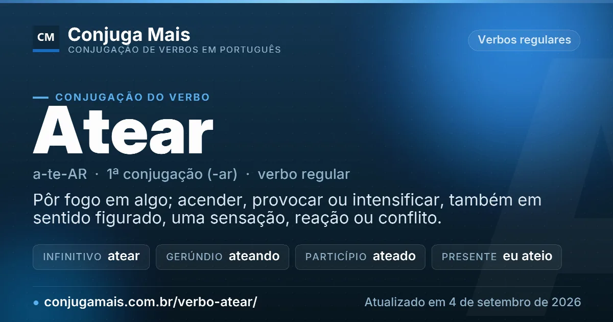 Cartão do verbo atear com definição, formas principais, endereço da página e data de atualização.