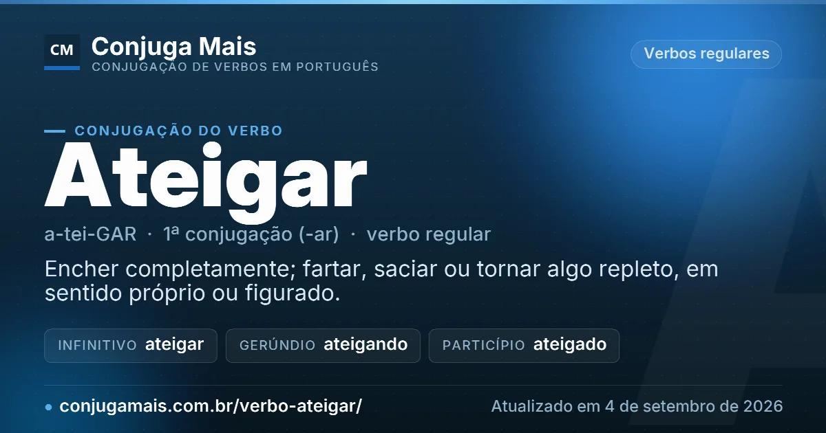 Cartão do verbo ateigar com definição, formas principais, endereço da página e data de atualização.