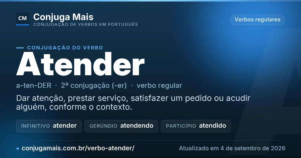 Cartão do verbo atender com definição, formas principais, endereço da página e data de atualização.