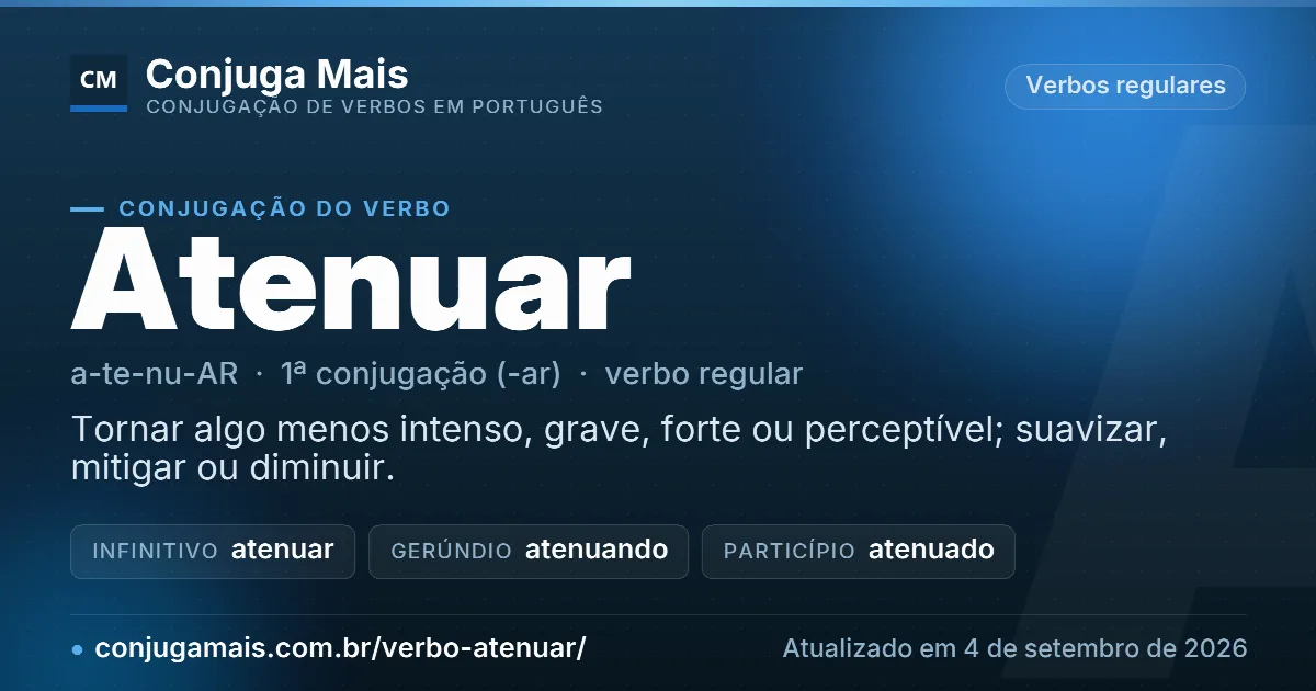 Cartão do verbo atenuar com definição, formas principais, endereço da página e data de atualização.