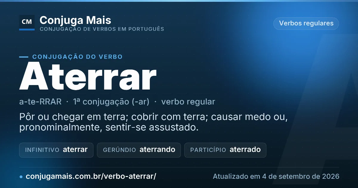 Cartão do verbo aterrar com definição, formas principais, endereço da página e data de atualização.