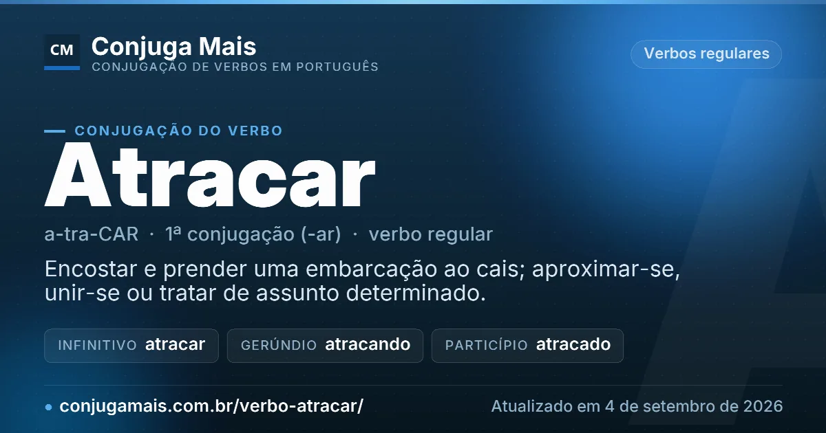 Cartão do verbo atracar com definição, formas principais, endereço da página e data de atualização.