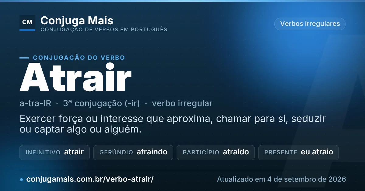 Cartão do verbo atrair com definição, formas principais, endereço da página e data de atualização.