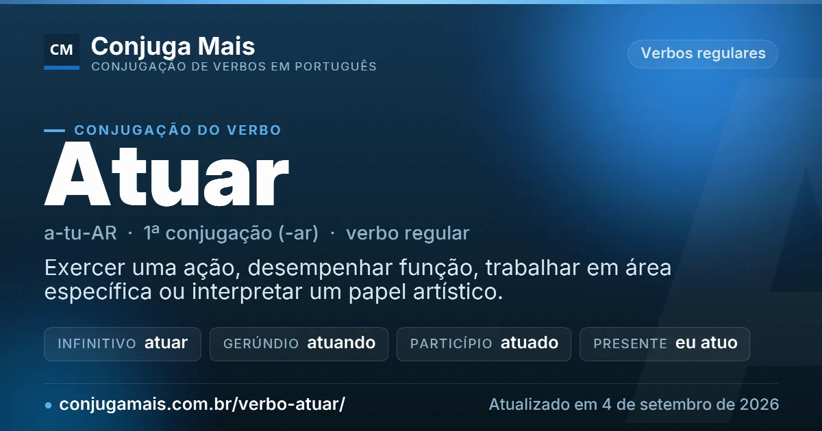 Cartão do verbo atuar com definição, formas principais, endereço da página e data de atualização.