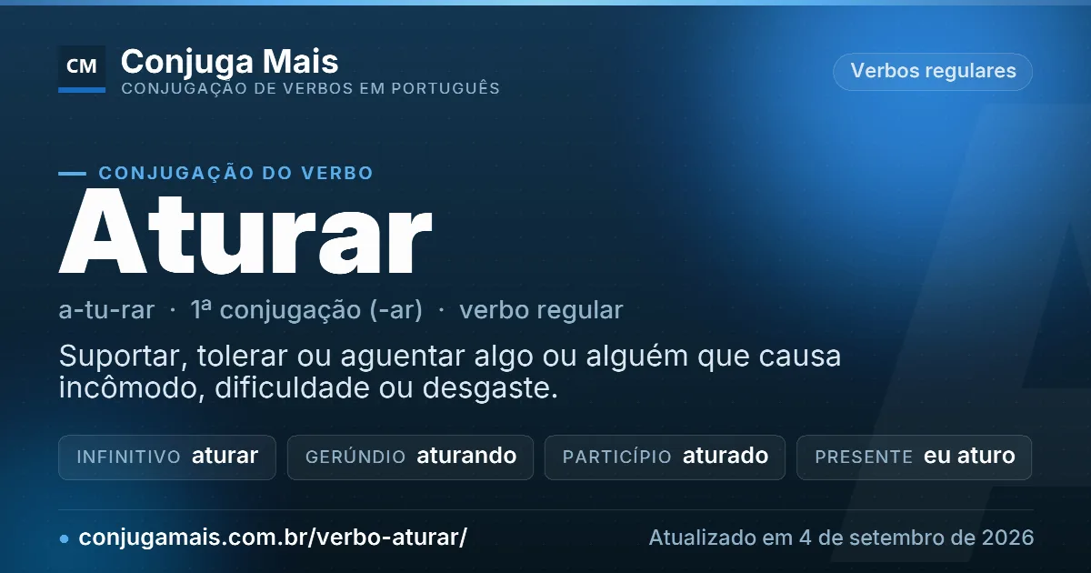 Cartão do verbo aturar com definição, formas principais, endereço da página e data de atualização.