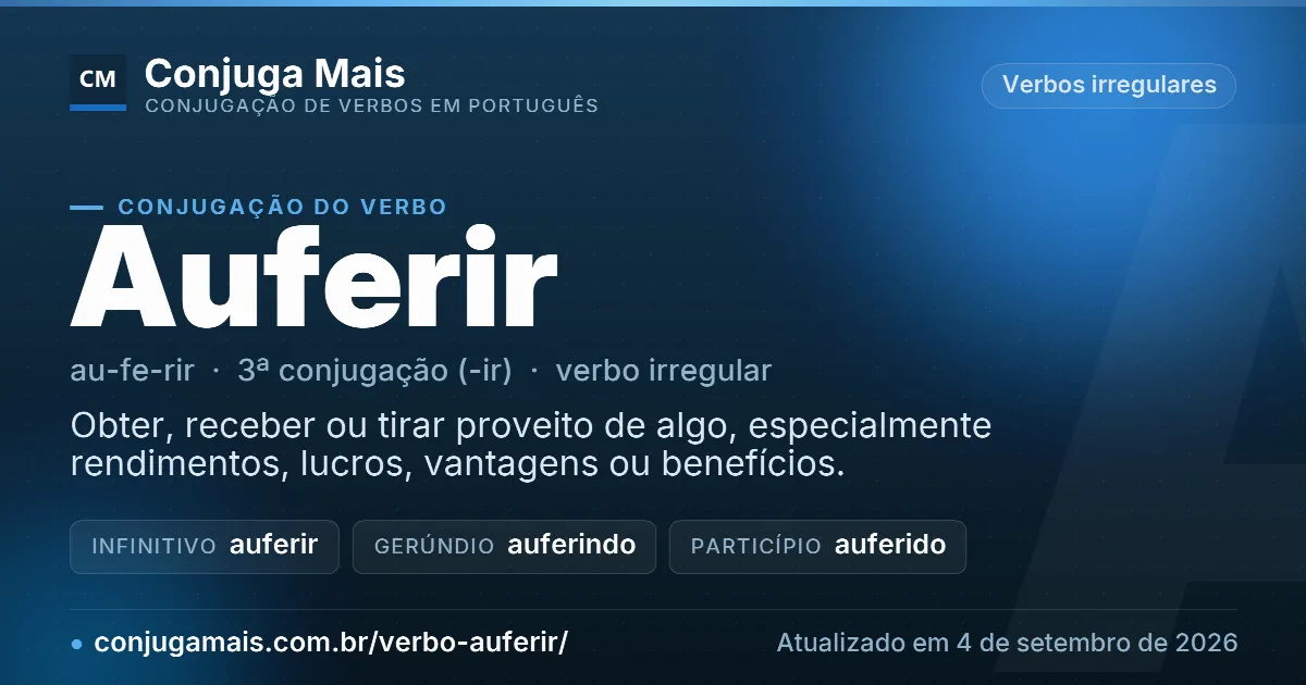 Cartão do verbo auferir com definição, formas principais, endereço da página e data de atualização.