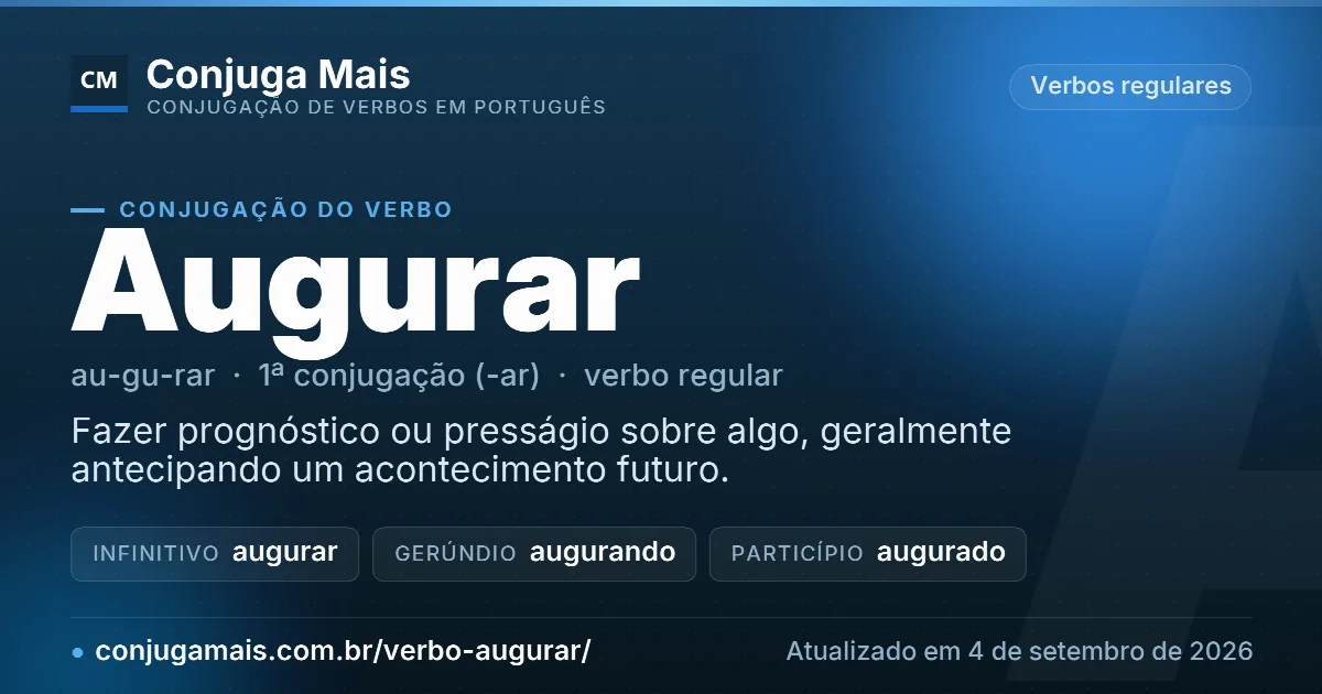 Cartão do verbo augurar com definição, formas principais, endereço da página e data de atualização.