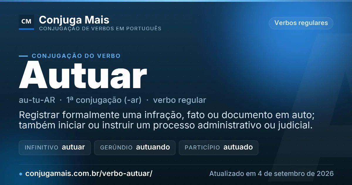 Cartão do verbo autuar com definição, formas principais, endereço da página e data de atualização.
