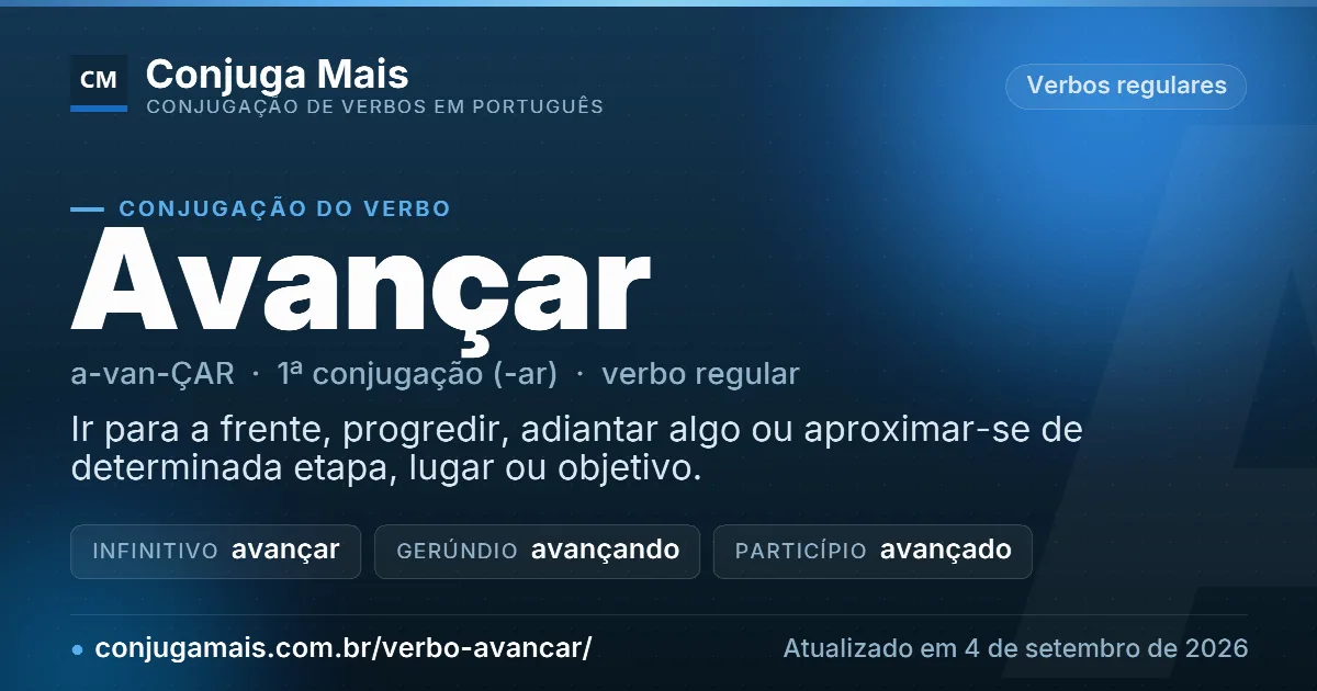 Cartão do verbo avançar com definição, formas principais, endereço da página e data de atualização.