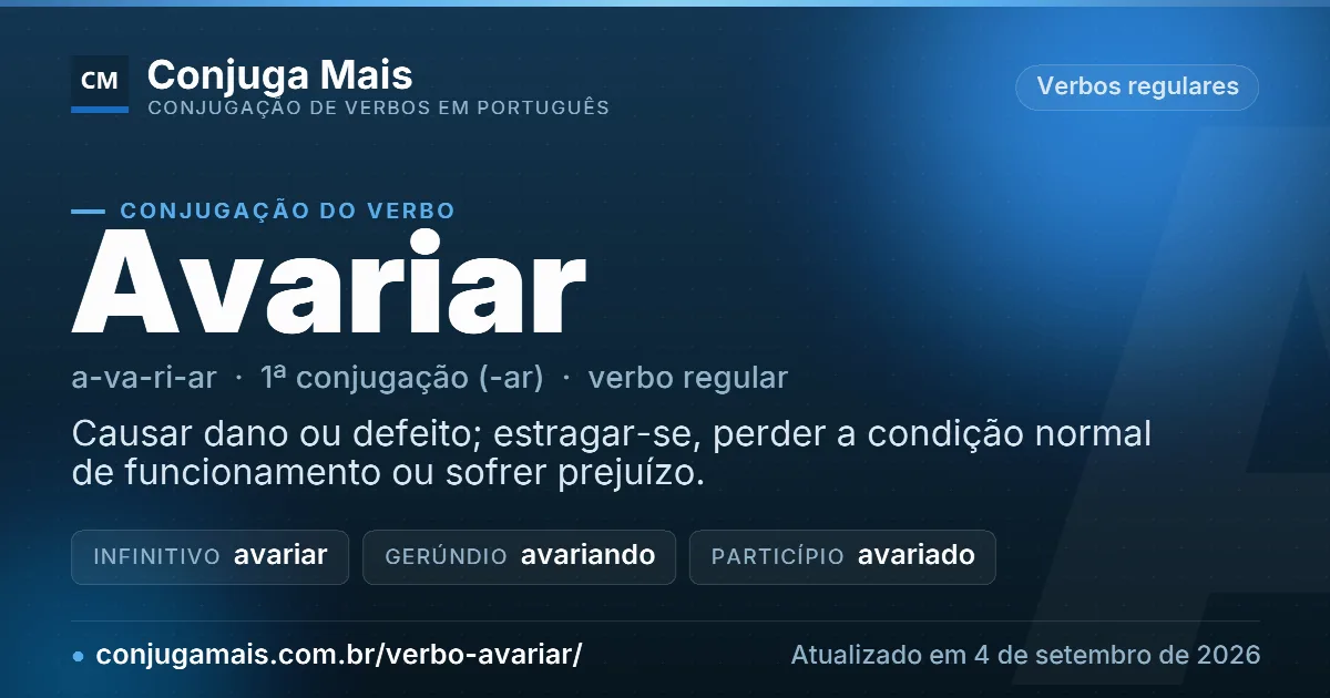 Cartão do verbo avariar com definição, formas principais, endereço da página e data de atualização.