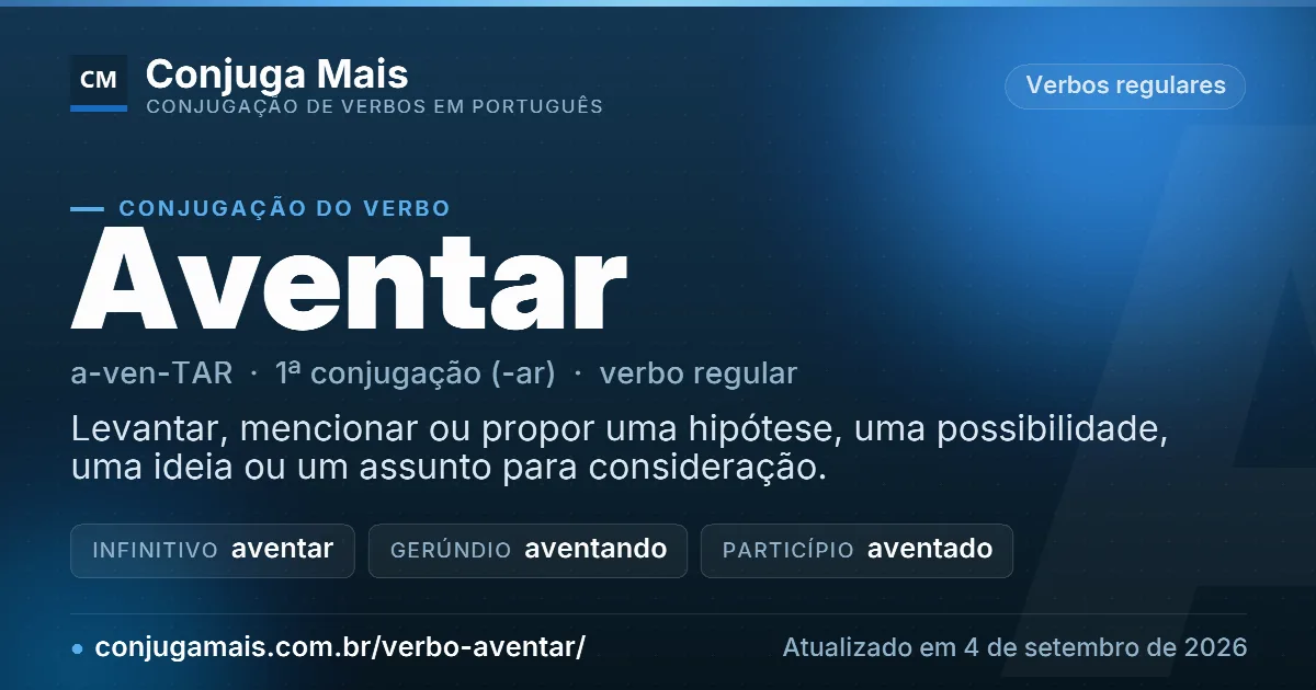 Cartão do verbo aventar com definição, formas principais, endereço da página e data de atualização.