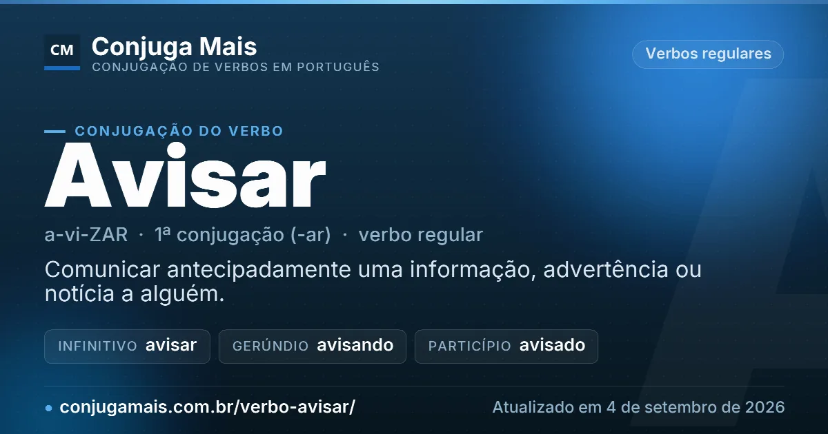 Cartão do verbo avisar com definição, formas principais, endereço da página e data de atualização.