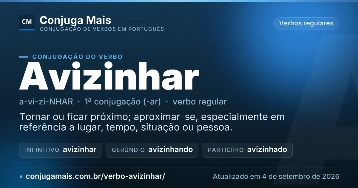 Cartão do verbo avizinhar com definição, formas principais, endereço da página e data de atualização.