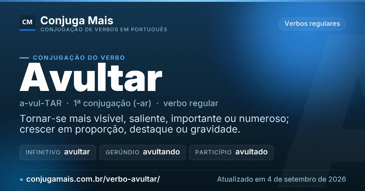 Cartão do verbo avultar com definição, formas principais, endereço da página e data de atualização.