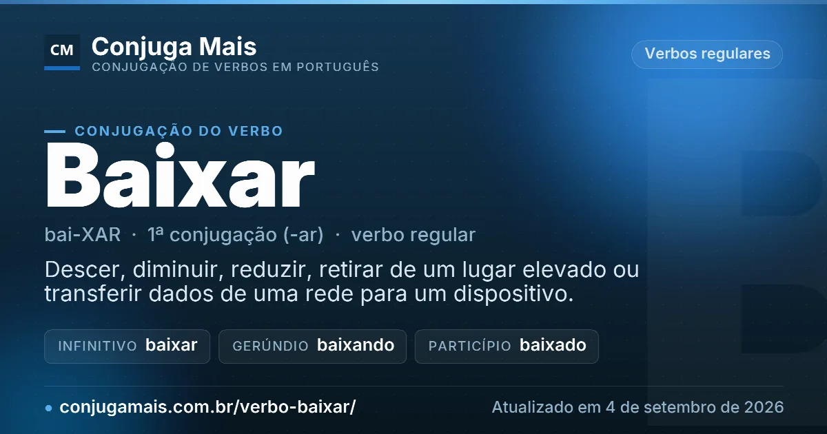 Cartão do verbo baixar com definição, formas principais, endereço da página e data de atualização.