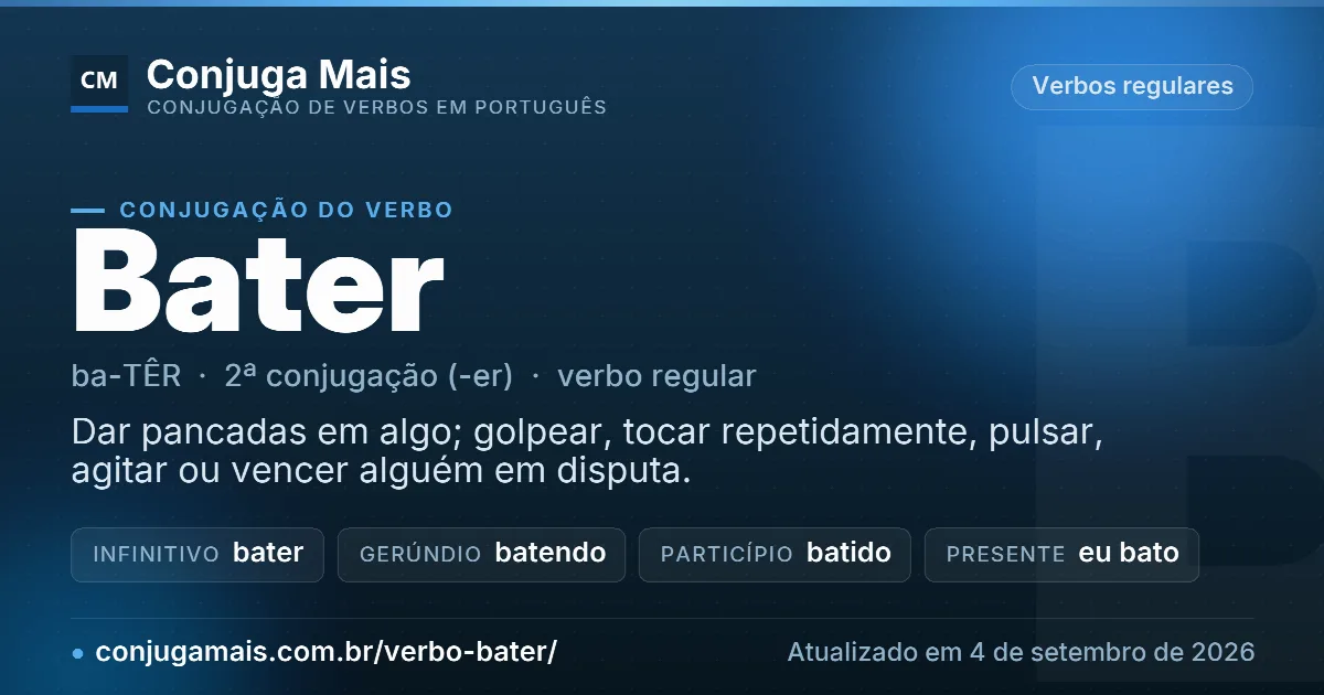 Cartão do verbo bater com definição, formas principais, endereço da página e data de atualização.