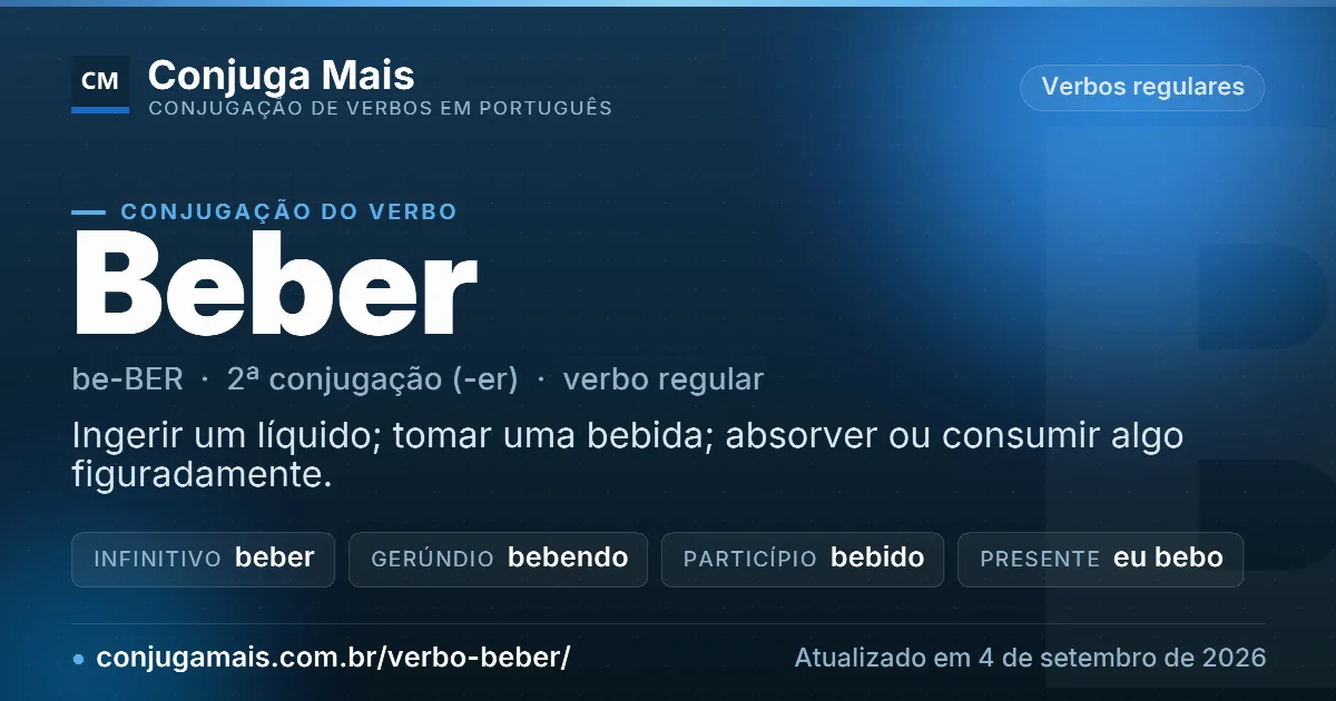 Cartão do verbo beber com definição, formas principais, endereço da página e data de atualização.