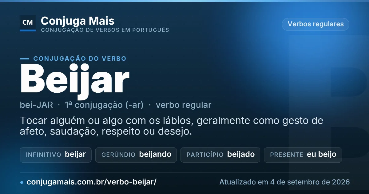 Cartão do verbo beijar com definição, formas principais, endereço da página e data de atualização.