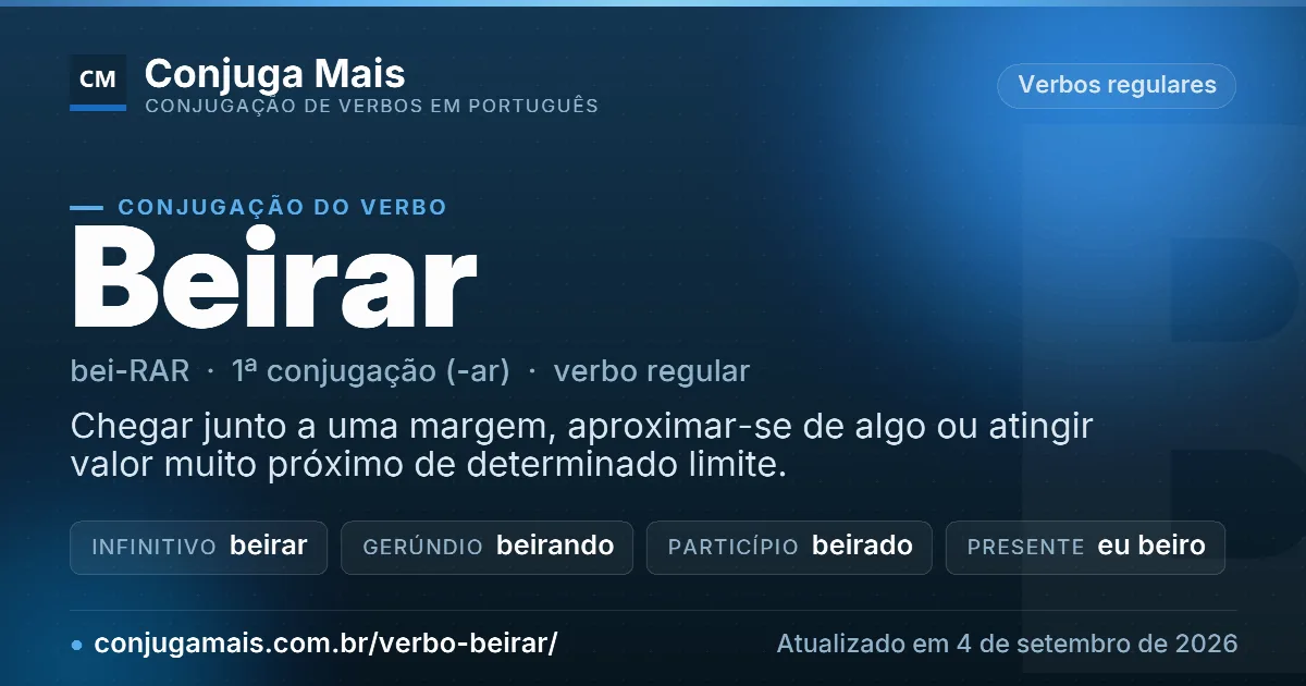 Cartão do verbo beirar com definição, formas principais, endereço da página e data de atualização.