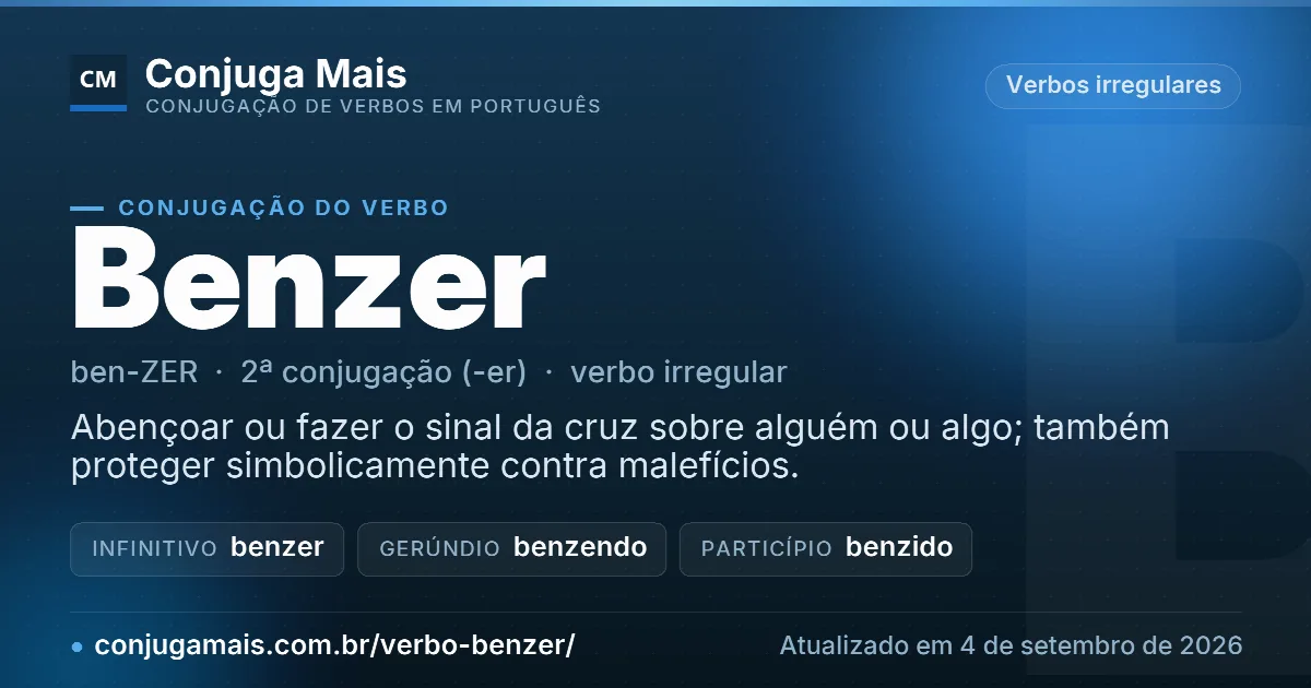 Cartão do verbo benzer com definição, formas principais, endereço da página e data de atualização.