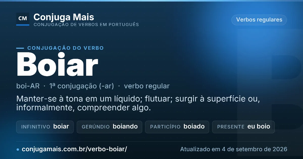 Cartão do verbo boiar com definição, formas principais, endereço da página e data de atualização.