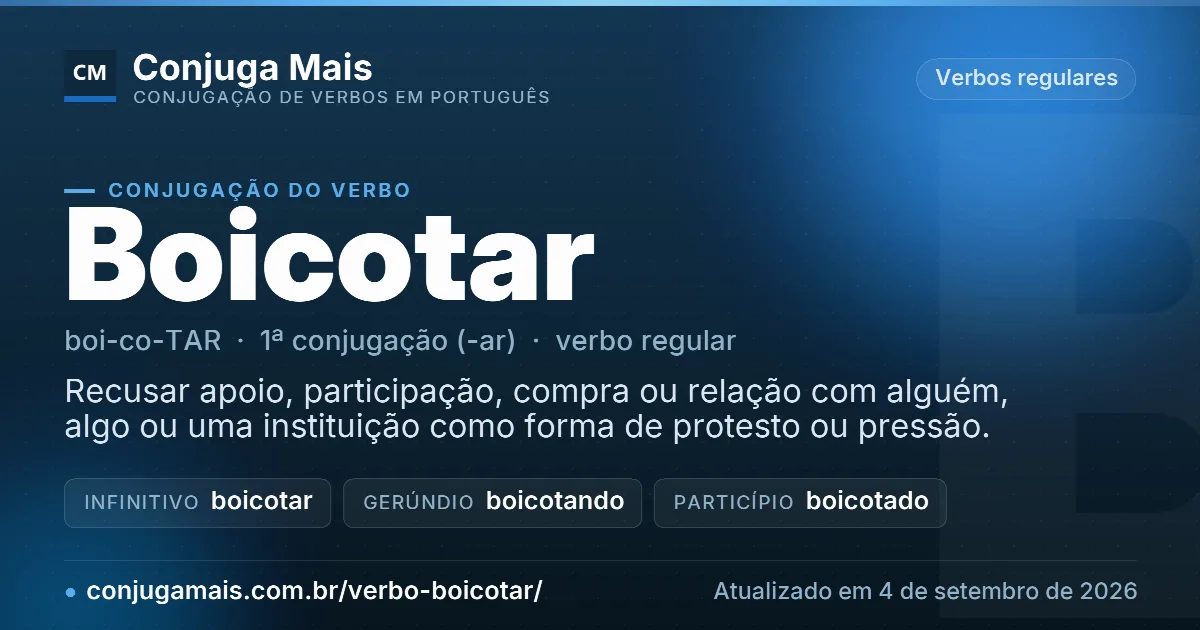 Cartão do verbo boicotar com definição, formas principais, endereço da página e data de atualização.