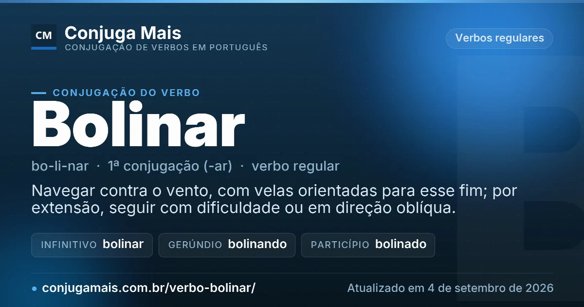 Cartão do verbo bolinar com definição, formas principais, endereço da página e data de atualização.
