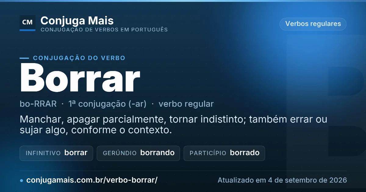 Cartão do verbo borrar com definição, formas principais, endereço da página e data de atualização.