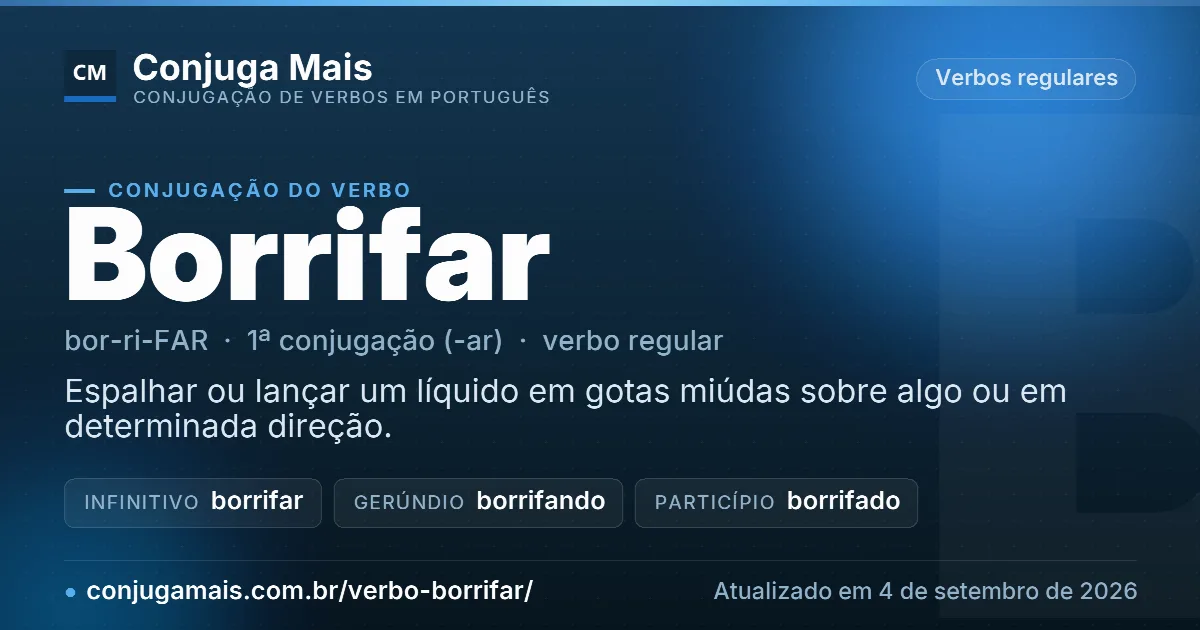 Cartão do verbo borrifar com definição, formas principais, endereço da página e data de atualização.