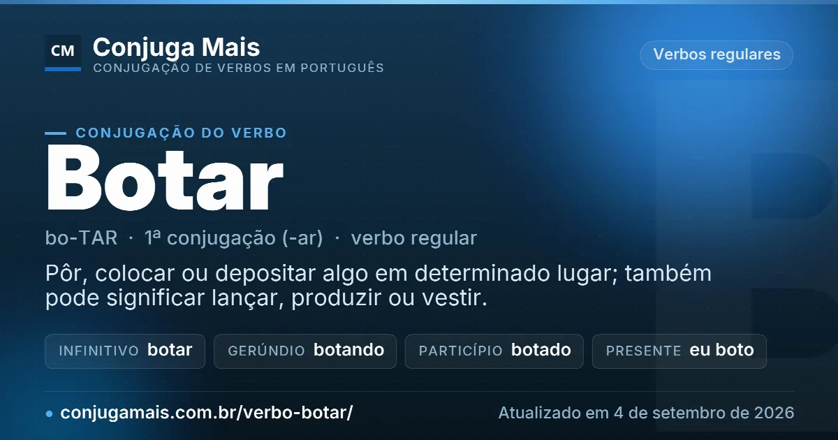 Cartão do verbo botar com definição, formas principais, endereço da página e data de atualização.