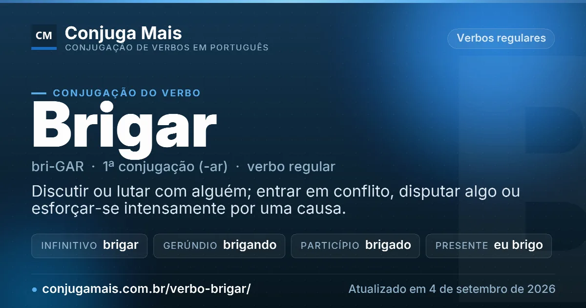 Cartão do verbo brigar com definição, formas principais, endereço da página e data de atualização.