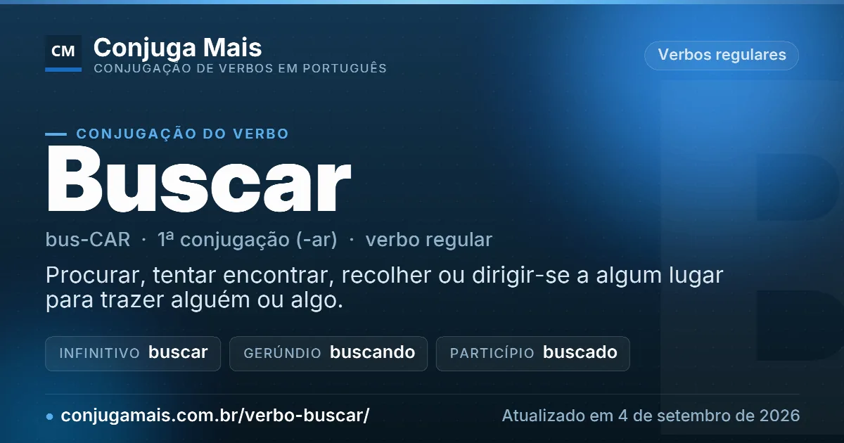 Cartão do verbo buscar com definição, formas principais, endereço da página e data de atualização.