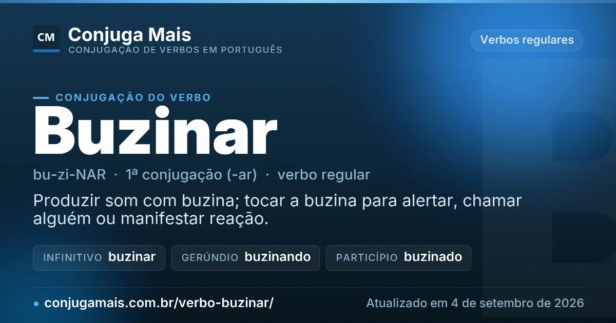 Cartão do verbo buzinar com definição, formas principais, endereço da página e data de atualização.