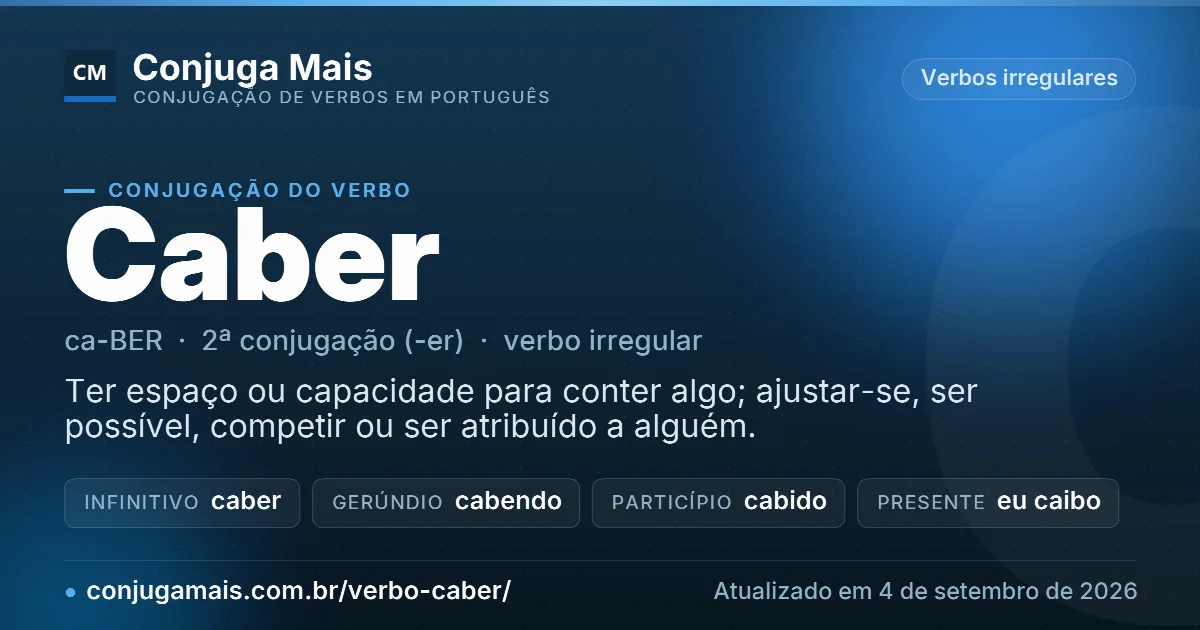 Cartão do verbo caber com definição, formas principais, endereço da página e data de atualização.