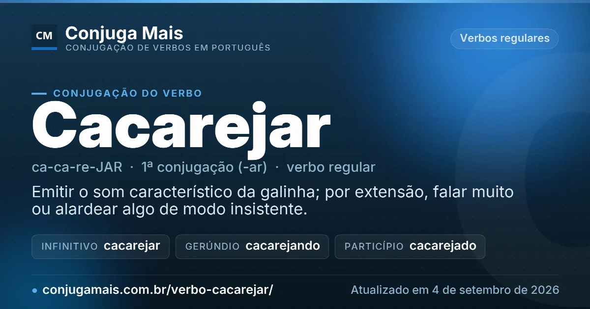 Cartão do verbo cacarejar com definição, formas principais, endereço da página e data de atualização.