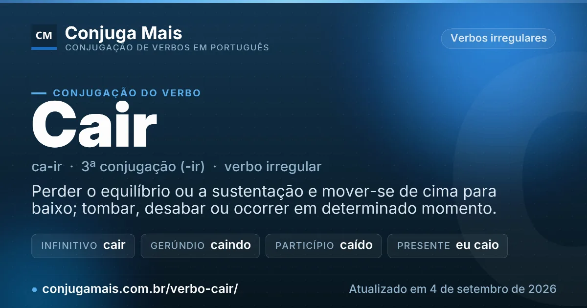 Cartão do verbo cair com definição, formas principais, endereço da página e data de atualização.