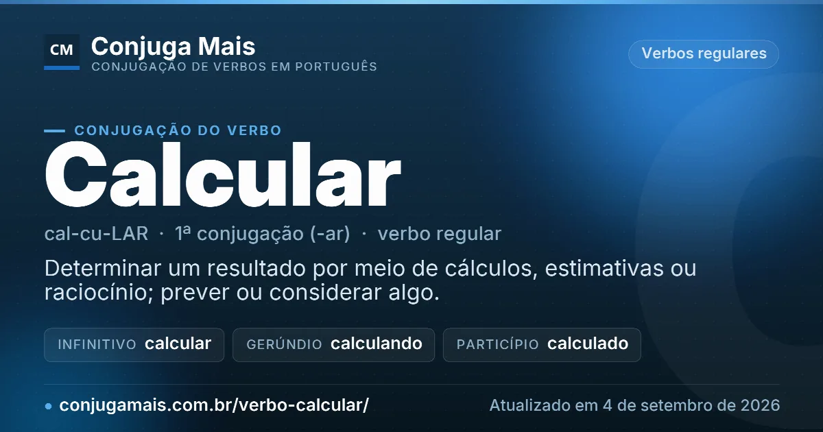 Cartão do verbo calcular com definição, formas principais, endereço da página e data de atualização.