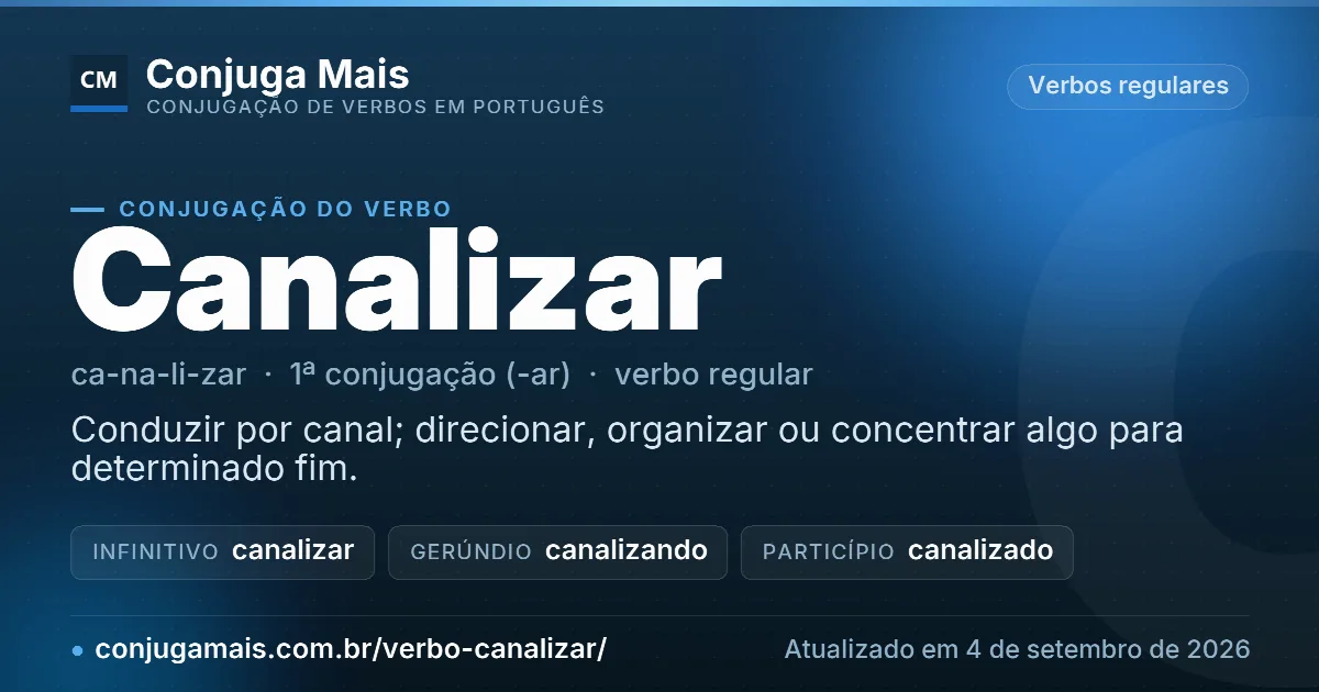 Cartão do verbo canalizar com definição, formas principais, endereço da página e data de atualização.